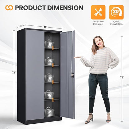Metal Garage Storage Cabinets with Lock, 72" Tall Tool Cabinet with 2 Door and 4 Adjustable Shelves, Locking Garage Cabinets and Lockable Steel Locker for Home Office Warehouse-(Black Gray-72”H)