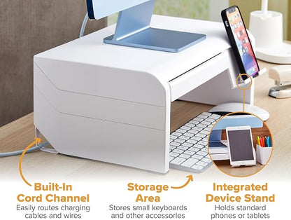 Bostitch Konnect Adjustable Monitor Riser with Drawer & Cell Phone Holder, Laptop Stand for Desk, 4 Height Levels, Cable Management & Rubber Feet