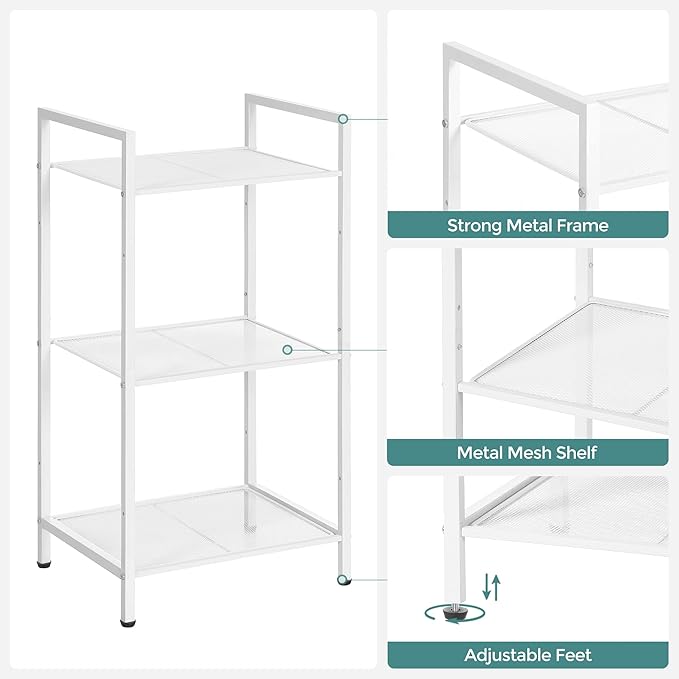 SONGMICS 3-Tier Storage Rack, Bathroom Shelf, Extendable Plant Stand with Adjustable Shelf, for Bathroom, Living Room, Balcony, Kitchen, White UBSC033W01, 11.8 x 15 x 28.4 Inches