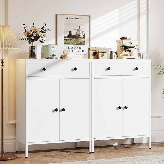 Metal Storage Cabinet with Drawer and Adjustable Shelf, 2-Piece Set White Steel Sideboard Buffet Cabinet, Coffee Bar Cabinet for Kitchen, Dining Room, Entryway