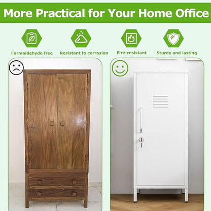 35" Metal Storage Locker, Lockable Employees Metal Locker with Door and Adjustable Shelves, Steel Locker for Home, School, Office, Gym (White)