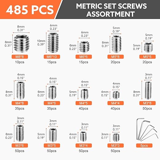 485 Pcs 304 Stainless Steel Set Screws 14 Size Set Screw Assortment Kit M3/M4/M5/M6/M8 Head Socket Hex Metric Cup-Point Screws
