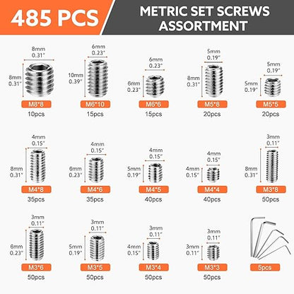 485 Pcs 304 Stainless Steel Set Screws 14 Size Set Screw Assortment Kit M3/M4/M5/M6/M8 Head Socket Hex Metric Cup-Point Screws