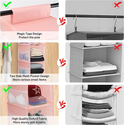 PetsHome 4-Shelf Hanging Closet Organizer, Space Saver, Closet Hanging Storage Shelves with Mesh Pockets & Magic Tap for Storage, Foldable-Pink