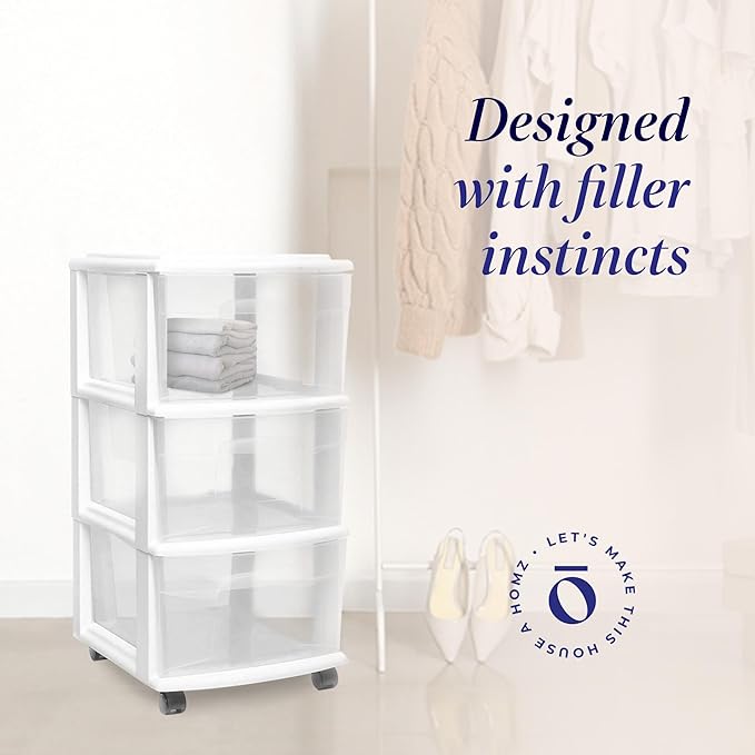 HOMZ Drawer Tower, 3-Tier Rolling Storage Cart with Removable Wheels, White Frame – Plastic Organizer with Clear Bin Drawers for Bedroom, Bathroom, Home Office, and Dorm Room