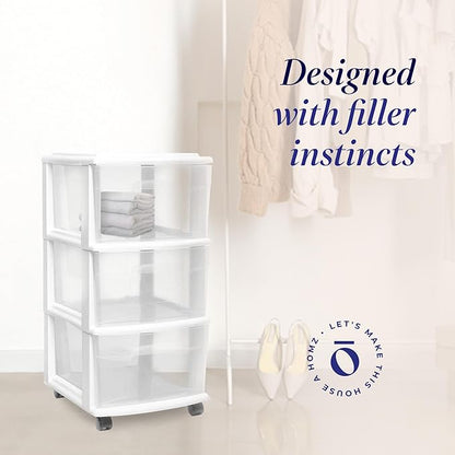 HOMZ Drawer Tower, 3-Tier Rolling Storage Cart with Removable Wheels, White Frame – Plastic Organizer with Clear Bin Drawers for Bedroom, Bathroom, Home Office, and Dorm Room