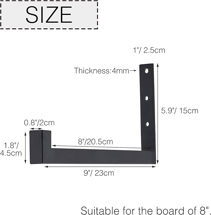 OVOV 6 Pack Heavy Duty Shelf Brackets Wall Mounted Industrial Farmhouse Floating Shelf Brackets with Lip (Black 8")