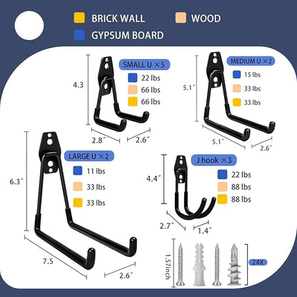 Garage Hooks Heavy Duty, 12 Pack Anti-Slip Coating Garage Wall Storage Hooks for Hanging Bike, Ladder, Garden Tools