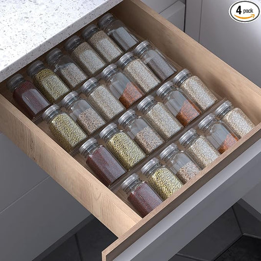 19 x 13 Inches Spice Drawer Organizer, 4 Tier Clear Acrylic Expandable In-Drawer Seasoning Jars Rack, Kitchen Drawer Spice Insert Tray for Cabinet/Countertop