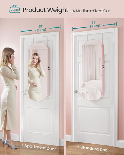 SONGMICS Jewelry Organizer, LED Jewelry Cabinet Wall/Door Mounted, Lockable Rounded Wide Mirror with Storage, Interior Mirror, 3.9 x 16.5 x 42.5 Inches, Jelly Pink Surface with Cream White Lining
