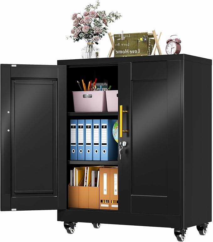 35" Metal Storage Cabinet with Lock and Wheels, Lockable Office File Cabinet with 2 Doors and 2 Adjustable Shelves, Rolling Steel Tool Garage Cabinets for Home Office (Black)
