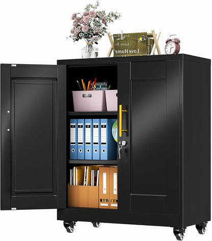 35" Metal Storage Cabinet with Lock and Wheels, Lockable Office File Cabinet with 2 Doors and 2 Adjustable Shelves, Rolling Steel Tool Garage Cabinets for Home Office (Black)