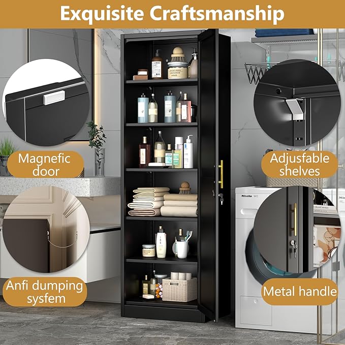 Metal Storage Cabinet with Lock and 5 Adjustable Shelves, Steel File Cabinets, Kitchen Pantry Cabinet Locker Organizer - 67" Tall Storage Cabinets for Kitchen,Bathroom,Bedroom,Office,Black