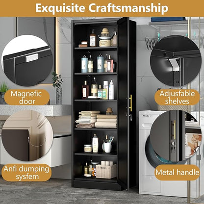Metal Storage Cabinet with Lock and 5 Adjustable Shelves, Steel File Cabinets, Kitchen Pantry Cabinet Locker Organizer - 67" Tall Storage Cabinets for Kitchen,Bathroom,Bedroom,Office,Black