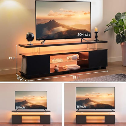 Black TV Stand 65 inch,LED TV Stand for Living Room,Glass Entertainment Center TV Stand, TV Console Tables for Living Room,Bedroom,Home Office