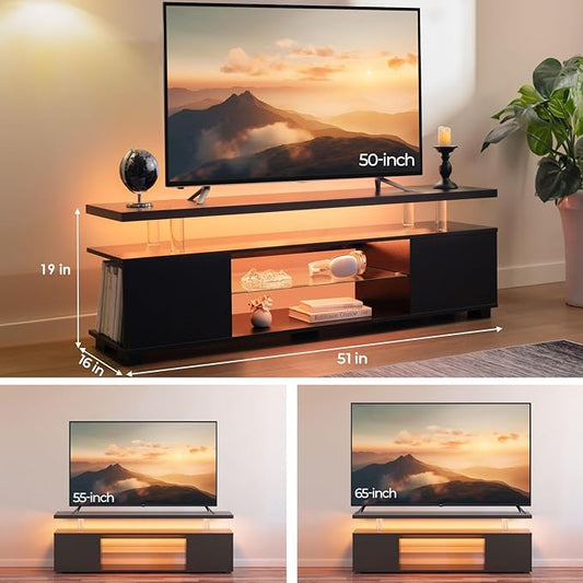 Black TV Stand 65 inch,LED TV Stand for Living Room,Glass Entertainment Center TV Stand, TV Console Tables for Living Room,Bedroom,Home Office