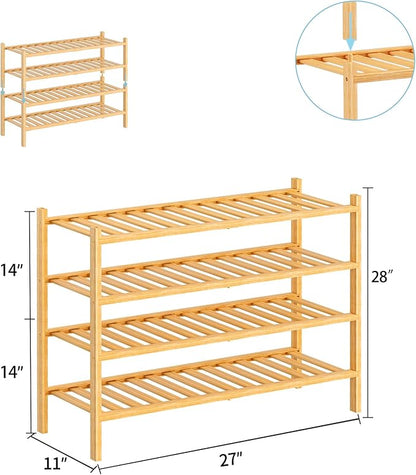 RONGJlA 4 Tier Bamboo Shoe Rack for Closet Free Standing Wood Shoe Shelf Storage Organizer for Entryway Small Space Stackable, Natural