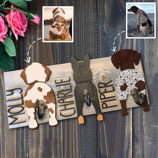 Personalized Dog Leash Holder for Wall Custom Name, Wooden Dog Butt Leash Hook, Decorative Key Rack Hooks Hanger for Entryway, Hallway, Farmhouse Dog Items Storage Organizer (3 Dog)