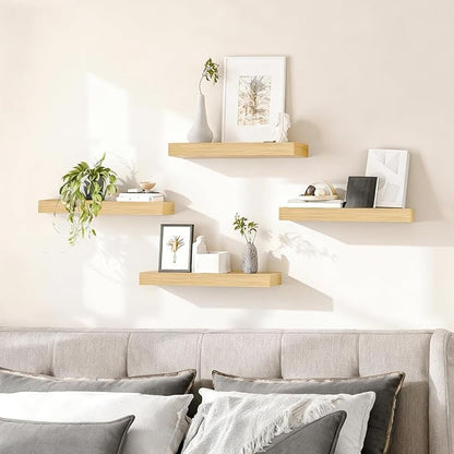 HOOBRO Floating Shelves for Wall, Wall Mounted Shelf Set of 2, 15.7" Hanging Shelf with Invisible Brackets, for Wall in Bathroom, Bedroom, Toilet, Kitchen, Living Room, Office, Natural NL40BJ01