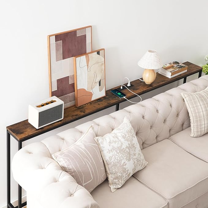 78.7" Console Table with Power Outlet, Narrow Sofa Table, Industrial Entryway Table with USB Ports, Behind Couch for Entryway, Hallway, Foyer, Living Room, Rustic Brown CTHR20E01