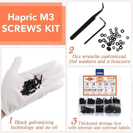 600 Pcs M3 Screws Assortment Kit, M3x 6/8/10/12/16/20/25/30mm M3 Screw Kits 12.9 Alloy Steel Nuts and Bolts Assortment Kit Black Zinc Plated Hex Socket Head Screws Nuts Bolts and Washers Set