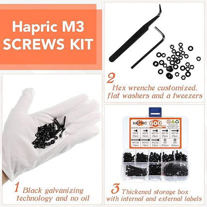 600 Pcs M3 Screws Assortment Kit, M3x 6/8/10/12/16/20/25/30mm M3 Screw Kits 12.9 Alloy Steel Nuts and Bolts Assortment Kit Black Zinc Plated Hex Socket Head Screws Nuts Bolts and Washers Set