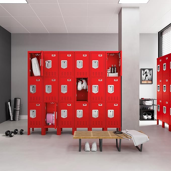 Metal Storage Locker with Lock & Card Slot Locker - Secure Lockable Door - Steel Locker for School, Office, Gym, Home - 66.15" H x 11.8" W x 11.8" D（2 Door, Red）