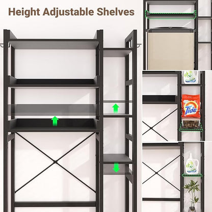 Over The Toilet Storage with 2 Drawers - 7 Tier Bathroom Organizer with Adjustable Shelf, Freestanding Space Saver Storage Rack Above Toilet Stand with 4 Hooks for Restroom, Laundry, Black
