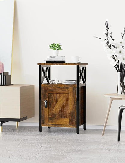 Night Stand with Locking Drawer, Bedside Table with Drawers, Wooden Bed Side Table with Storage Cabinet, Nightstand with Door, End Night Table for Bedroom, Dorm, Office, Rustic Brown