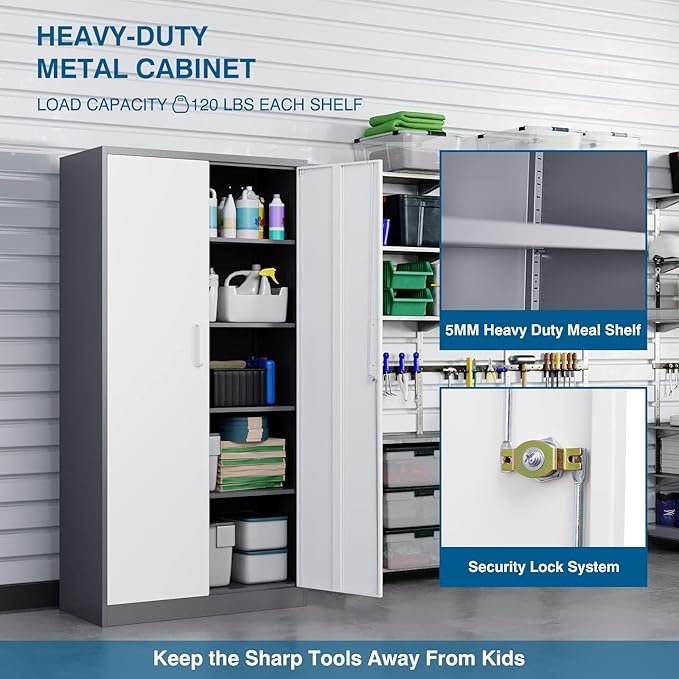 Metal Garage Storage Cabinet, 71-inch Tall Cabinet with Adjustable Shelves & Locking Doors, Tool Cabinets for Garage,Office,Home,School,Gym (Grey White)