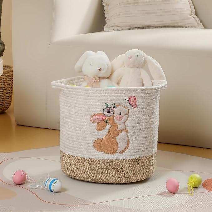 INough Easter Basket for Kids, Small Easter Basket for Toddler Spring Gift Basket Bunny Baskets, Toy Storage Baskets Woven Cotton Rope Storage Bins Toys Organizer Clothes Hamper (Medium, Bunny)