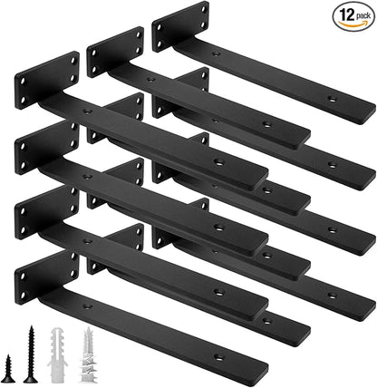 HITOMEN Heavy Duty Floating Shelf Brackets, 10-Inch (1/5'' Thick) Hidden Shelves Hardware, Iron L Brackets, Rustic Industrial Black Metal Wall Shelving Supports, 12 Pack
