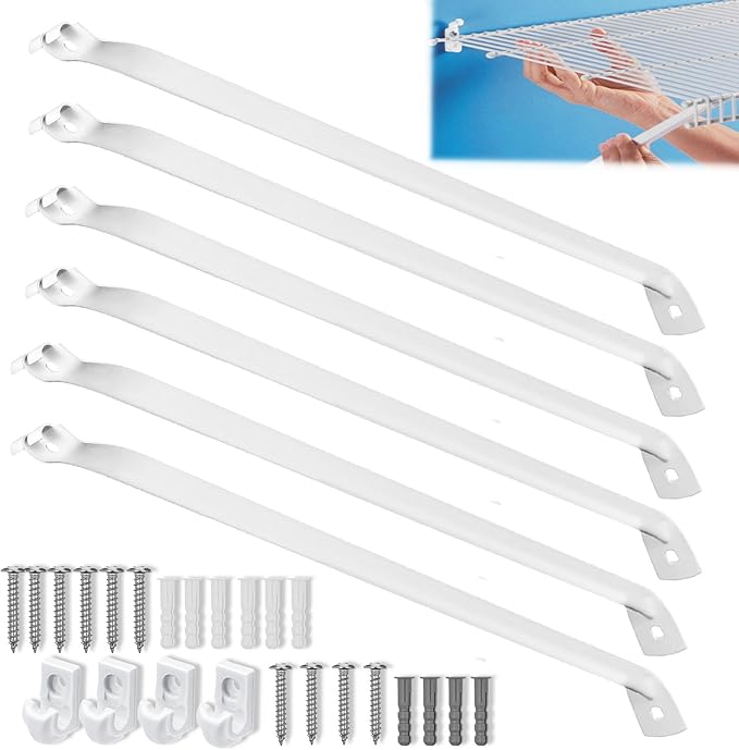 6PCS 12 Inch Wire Shelf Brackets, Heavy Duty Wire Shelving Support Brackets, Closet Rack Support with 4 PCS Wire Shelf Clips, Closet Wire Shelf Support Brackets for Laundry, Closet, Garage