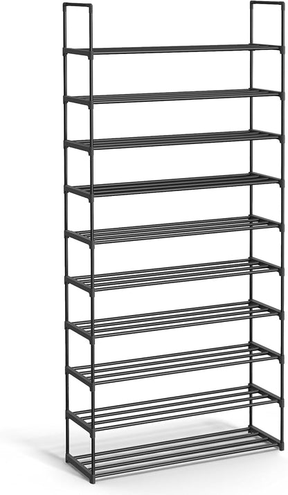 SONGMICS Shoe Rack, 10-Tier Shoe Organizer, Metal Storage Shelf, Upright or Upside Down, for 44-55 Pairs, for Entryway, 11.8 x 36.2 x 68.1 Inches, Black ULSA011B01