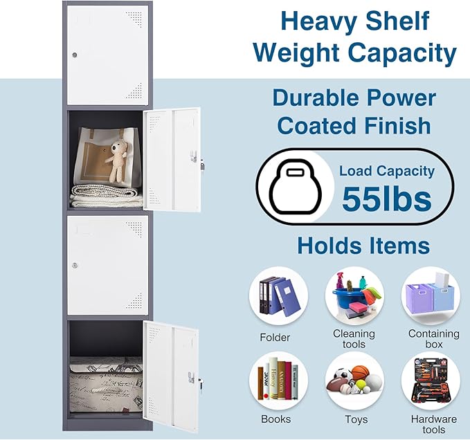 Metal Locker Cabinet with 4 Doors, 71" Storage for Employees, 4 Tier Steel Locker with Lock and Keys for School, Gym, Home, Office Staff (Grey White)