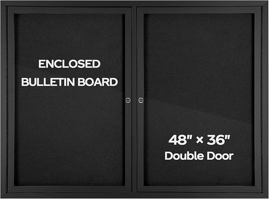 INNOVART Enclosed Bulletin Board 48” x 36”, Lockable Fabric Noticeboard with Aluminum Frame, Wall Display Case with 2 Swing-Open Doors Black Felt, Information Cabinet for School, Office, Commercial