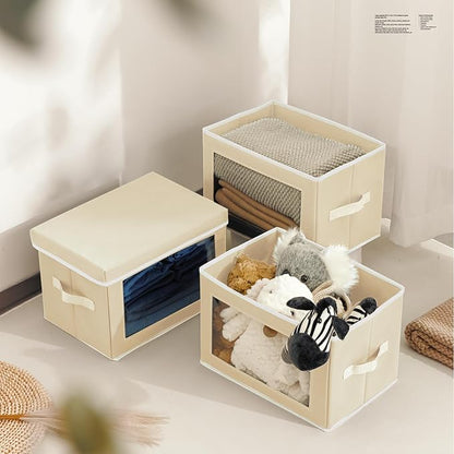 Fabric Storage Bins with Lids, Storage Cubes with Window, Decorative Storage Boxes Baskets for Organizing, Closet Organizer Storage Bins for Home, Office, 3 Packs, Beige