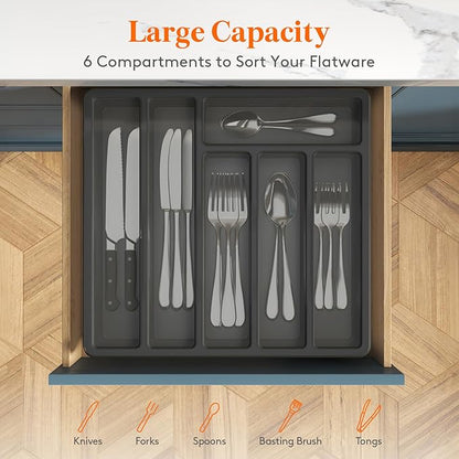 Lifewit Silverware Organizer with Lid, Covered Utensil Tray for Kitchen Drawer and Countertop, Plastic Cutlery and Flatware Storage Box for Spoons Forks Knives Holder Case, 12.6x11.8", Black
