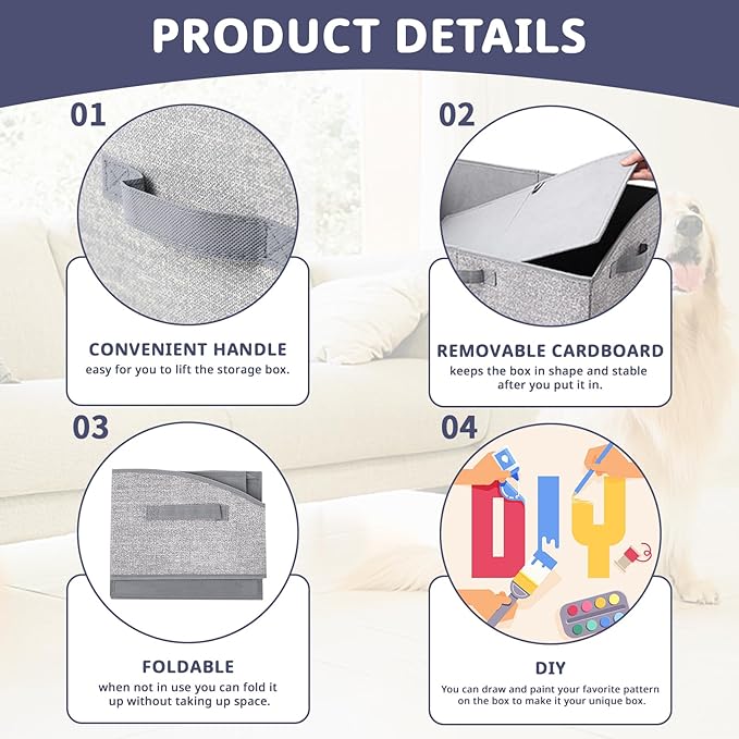 Foldable Pet Toy Storage Box with 3 Handles, Portable Organizer Basket for Dog Toys, Blankets & Accessories, Grey