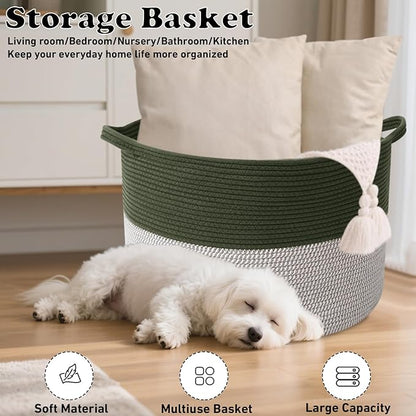 65L Large Blanket Basket,19.7" L x 19.7" W x 13" H Rope Woven Baskets with Handles, Toys Storage Bins,Laundry Basket Perfect for Living Room, Nursery,Bedroom,Home Organization,Green&White
