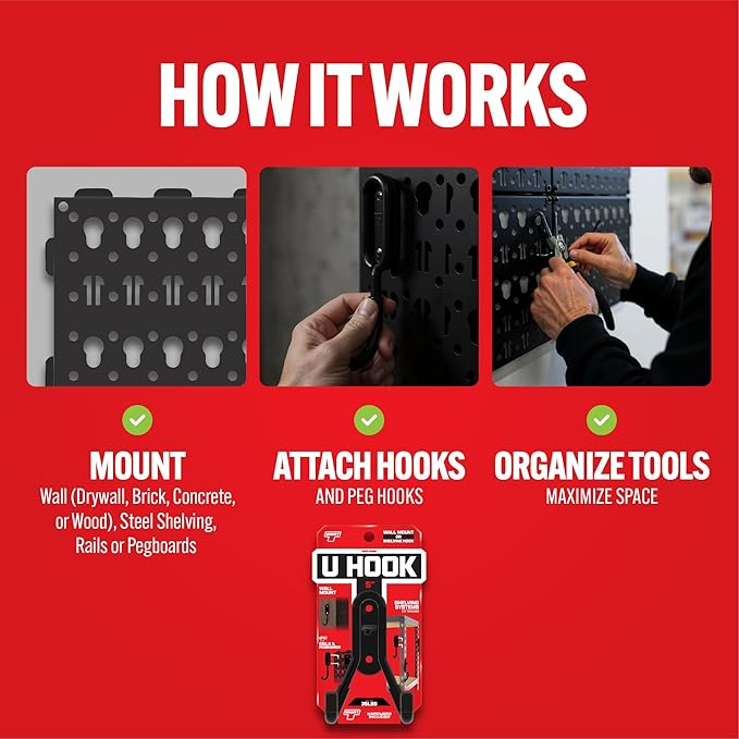 Smart T Garage Storage Wall Hook | 5" U-Hook for Garage Organization, Heavy Duty Organizer Wall Mount or Shelving Hooks