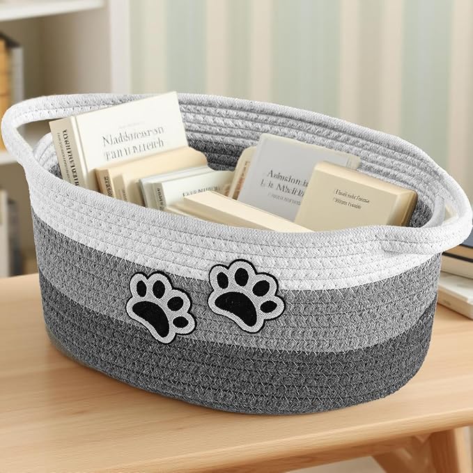 Small Woven Cotton Rope Nursery Organizer Bins, Dog Toy Basket Bins with Handle, Cute Empty Baby Gift Storage Baskets with Paw