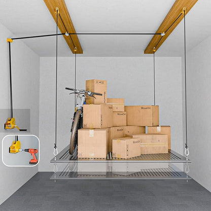 Overhead Garage Storage Lift, Upgrade Winch (No Gear Wear), Heavy Duty Ceiling Mounted Garage Storage Lift System for Organization, 300lbs, Fit for Bronco, Weight, Wrangler (Deck Not Includ)
