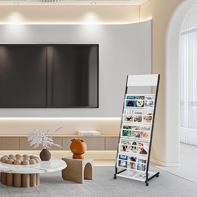 5-Tier Floor Standing Magazine Rack with Wheels, Large Brochure & Newspaper Display Stand for Office and Trade Shows, 18.7" Wide