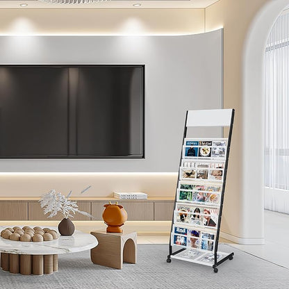 5-Tier Floor Standing Magazine Rack with Wheels, Large Brochure & Newspaper Display Stand for Office and Trade Shows, 18.7" Wide
