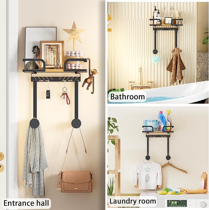Ironing Board Hanger Wall Mount with Natural Wood-Texture Shelf, Adjustable Iron Board Holder for T & Y Leg Boards, Heavy Duty Laundry Room Organization and Storage Rack, Black