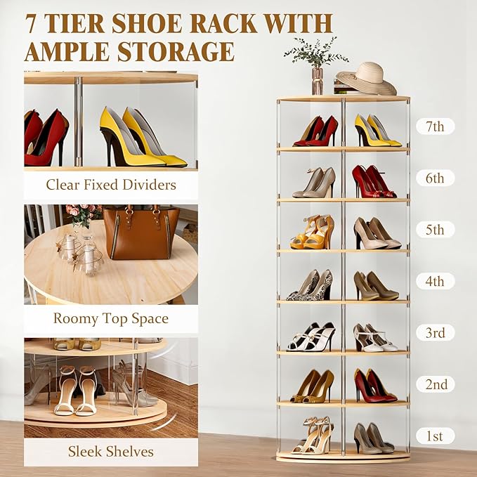 7-Tier Rotating Shoe Rack, 360 Degree Spinning Shoe Rack Tower, Lazy Susan Storage Tower Made of Acrylic and Wood, Round Rotating Organizer Shelf for Closet, Entryway and Bedroom