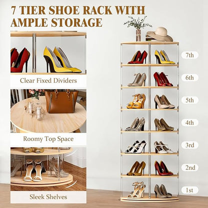 7-Tier Rotating Shoe Rack, 360 Degree Spinning Shoe Rack Tower, Lazy Susan Storage Tower Made of Acrylic and Wood, Round Rotating Organizer Shelf for Closet, Entryway and Bedroom