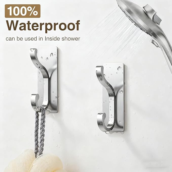 pickpiff Wall Hooks with Adhesive Strip- Easy to Remove, No Residue, Strong Heavy Duty Sticky Towel Hook, 4 Pack Silver