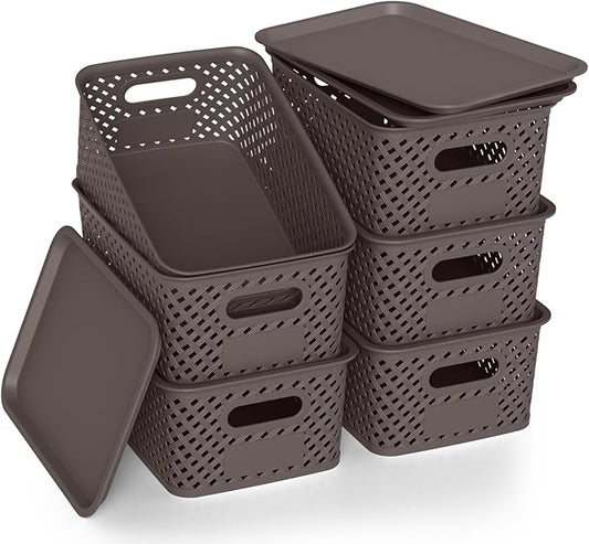 Plastic Storage Bins with Lid, Stackable Small Box Basket for Organizing and Containers for Shelves Drawers Desktop Closet Playroom Pantry Classroom Office Home, 6-pack 10.2x7.2x4.1 Inch, Brown